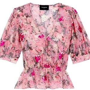 The Kooples Pink Floral V-Neck Blouse Short Sleeve Elastic Waist Size XS NWT